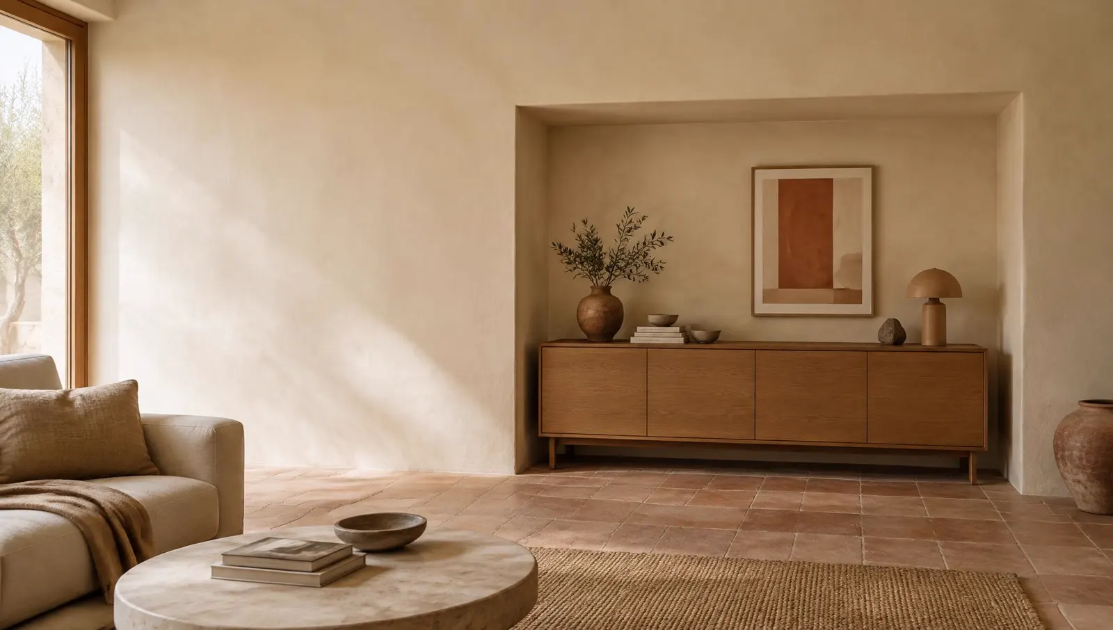 Salón luminoso con un aparador de roble que encaja exactamente en un nicho de la pared
