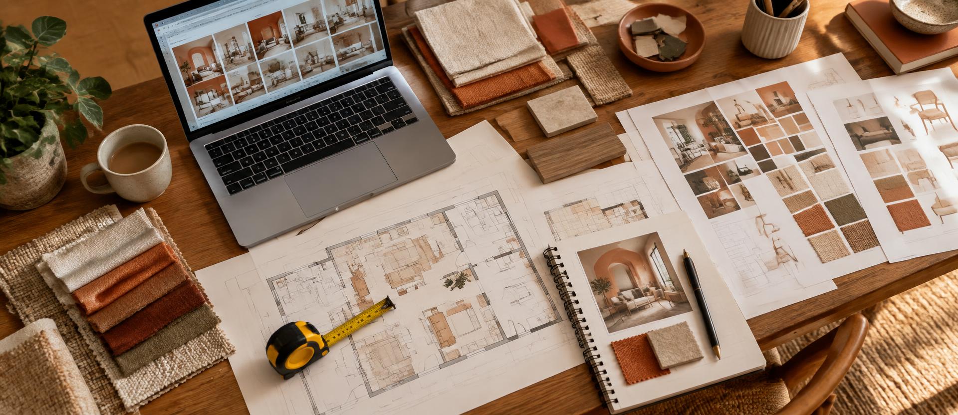 Mesa de trabajo con cinta métrica, planos y fichas técnicas abiertas
